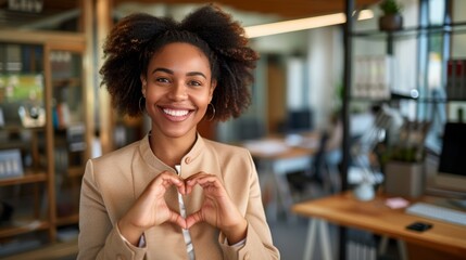 Business, heart hands, or black woman with love emoji for office evaluation, care, or kindness. Smile, happy, or African worker with form symbolizing thanks, hope, support, or peace.