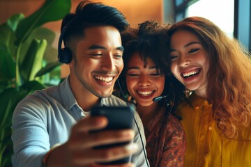 Image depicts a diverse group of joyful, smiling contact center telemarketing agents taking office selfies. Confident and driven workers dedicated to excellent customer service and sales support