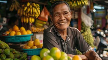 A street portrait of a smiling man selling fruits in a bustling market