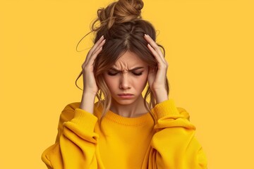 Stress, headache, and frustration with lady in pain with anxiety, despair, and burnout. Mental health, sadness, and migraine with worried girl face for unwell, mistake, and fatigued