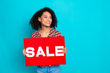Portrait of satisfied girl wear print shirt demonstrate sale placard look at discount empty space...