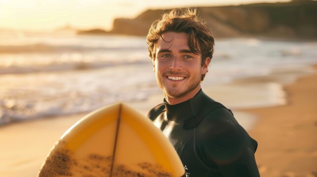 South African beach, summer training, independence, and fun outside. Happy surfer guy, ocean, sea water, calm, and adventure in nature.
