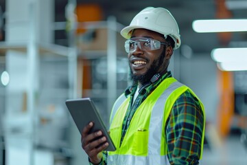 Fototapeta premium engineers, walkie talkies, and black men construction workers, contractors, and architecture logistics safety managers. The African man, digital tech, and online maintenance communication