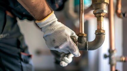 Plumbers, pipes, and pliers for maintenance, remodeling, and construction. Closeup plumber, pipeline, and bolt, valve, and faucet system installation, tap, or repair tools.