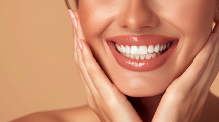 Obraz premium Wellness with a smile: hands, mouth, and beauty with a model woman in studio on beige. Cosmetics, skincare, and joyful pose with a woman promoting natural products