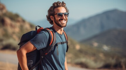 A youthful mixed-race male cyclist carrying his bike after a ride outdoors with his helmet and sunglasses. A young Hispanic man smiling after biking on a mountain pass. - Powered by Adobe
