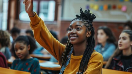 College student, black woman, and hands to answer classroom questions for instructional purposes. University student raising hand for questions, studying, or lectures