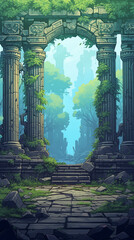 Ancient Ruins Overgrown with Greenery in a Lush Forest
