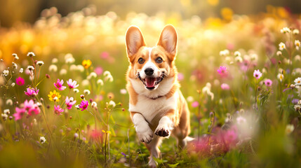 Corgi in bloom: dog enjoys field of flowers