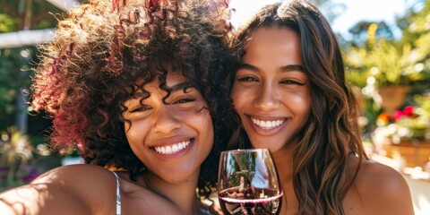 Two lovely young mixed-race women taking a selfie outside while bonding. Afro-haired black woman...