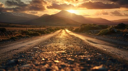 Low angle view of a deserted old paved road leading towards distant mountains, bathed in the warm glow of a setting sun,