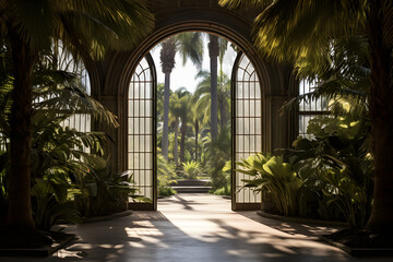 Dramatic entrance to a botanical garden, framed by majestic Fan Palm trees on either side    Generative Ai,