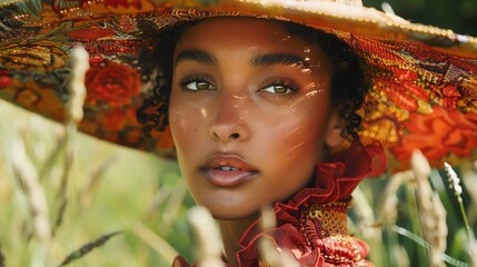 Paint a scene where chic meets wild as a model struts with confidence in avant-garde apparel amidst the untamed beauty of nature Implement unique camera angles and compositions to showcase the harmoni