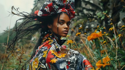 Paint a scene where chic meets wild as a model struts with confidence in avant-garde apparel amidst the untamed beauty of nature Implement unique camera angles and compositions to showcase the harmoni