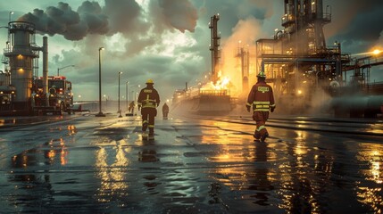 Initial Response: A real photo shot capturing the immediate response to a chemical spill, with emergency personnel assessing the situation amidst the industrial setting.