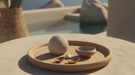 Serene Still Life with Egg and Rocks on Wooden Plate