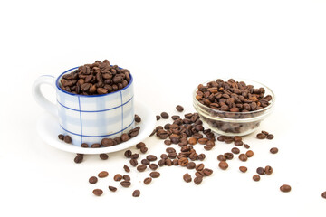 Cup of coffee, coffee beans isolated on white background.