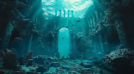 Plunge into the depths of the subconscious with a wide-angle portrayal of a surreal underwater realm, merging psychological motifs with a bold and dynamic photorealistic style that captivates the view