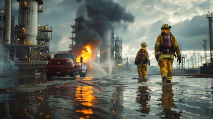 Initial Response: A real photo shot capturing the immediate response to a chemical spill in a chemical industry setting, showcasing emergency personnel assessing the situation.