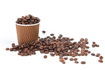 Paper cup with coffee, coffee beans on white background.