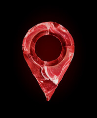 Location symbol made of raw beef meat steaks on a black background