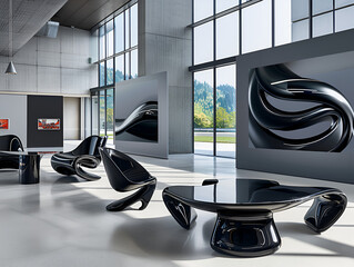 Sleek Modern Office Interior with Black Coffee Table and Minimalist Art