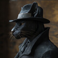 Unleash the mystery with a side view of a sleek, shadow-draped sphinx in a fedora, blending mythical aura into film noir ambiance, perfect for a detective-themed book cover!