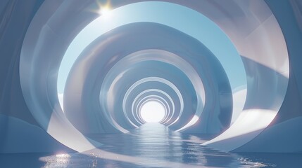 A large, white, circular tunnel with a river running through it