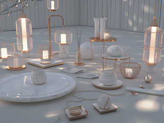 Serene 3D Render of White Marble Lamps and Objects with Brass Accents
