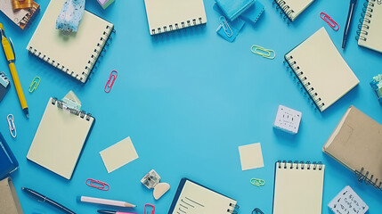 Organized Workspace Concept with Stationery Items on Blue Background