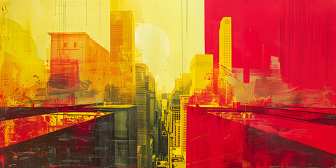 Vibrant cityscape painting with orange skyscrapers and red buildings