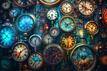 Digital composite image of clocks - Powered by Adobe
