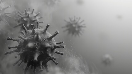 Intense and detailed close-up of a virus in foggy grey air particles, perfect for visualizing the concept of airborne pathogens