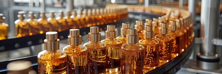 Efficient production line for bottled cosmetics in a contemporary factory environment