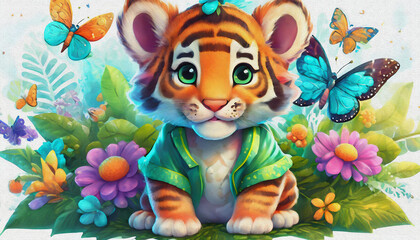 Naklejka premium oil painting style CARTOON CHARACTER CUTE baby Tiger cub with butterflies isolated on white background Close up