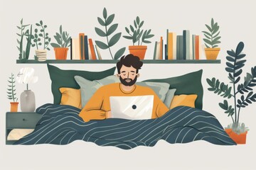 Cartoon man lying in bed in bedroom with laptop, watching movie, remote work, vector style