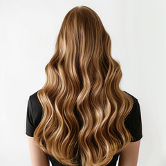 Naklejka premium Studio photo of shiny wavy balayage hair displayed against a white background, highlighting the elegant blend of colors and the lustrous, flowing waves of the hairstyle. 