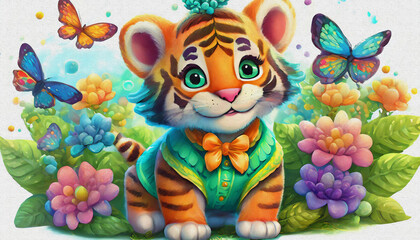oil painting style CARTOON CHARACTER CUTE baby Tiger cub with butterflies isolated on white background Close up