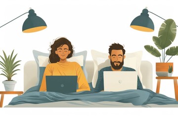 Young woman and man lying in bed with open laptop working or watching internet movies, freelancers, vector style