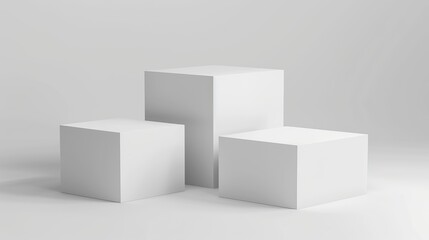 White podiums of different heights for product presentation on a white background.