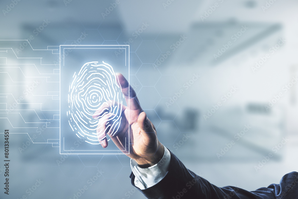 Fototapete Multi exposure of programmer's hand working with virtual abstract fingerprint illustration on blurred office background, digital access concept