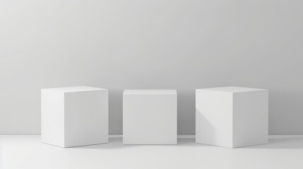 Three white cubes on a white background.
