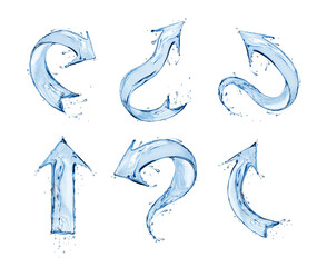 Set of various arrows made of water splashes isolated on a white background