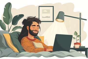 man using laptop computer lying on bed at home, vector style
