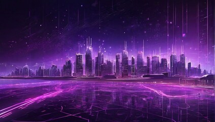 Bright glowing purple night city background with digital data lines all over. Smart city, VR, AI and innovation concept. Double exposure

