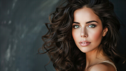 Naklejka premium A portrait of a beautiful brunette with wonderfully curled hair and traditional makeup, showcasing her stunning facial features and the exquisite styling of her hair. 