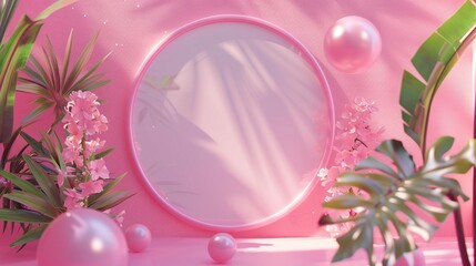 Pink podium with green leaves and flowers for product presentation. 3d rendering.