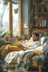 Male freelancer working with laptop in bed