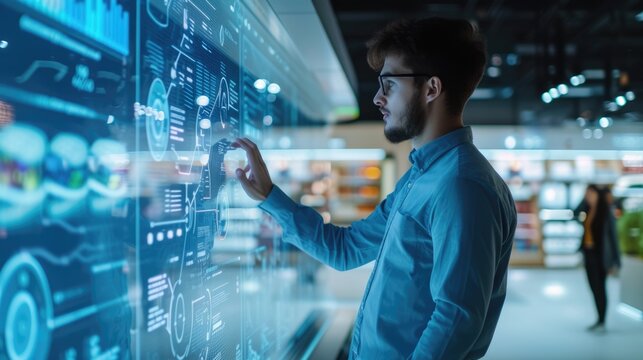 Professional project manager looking at data analysis and inspecting sales at monitor at shopping mall. Attractive business people selecting product by using hologram with blurring background. AIG42. - Powered by Adobe