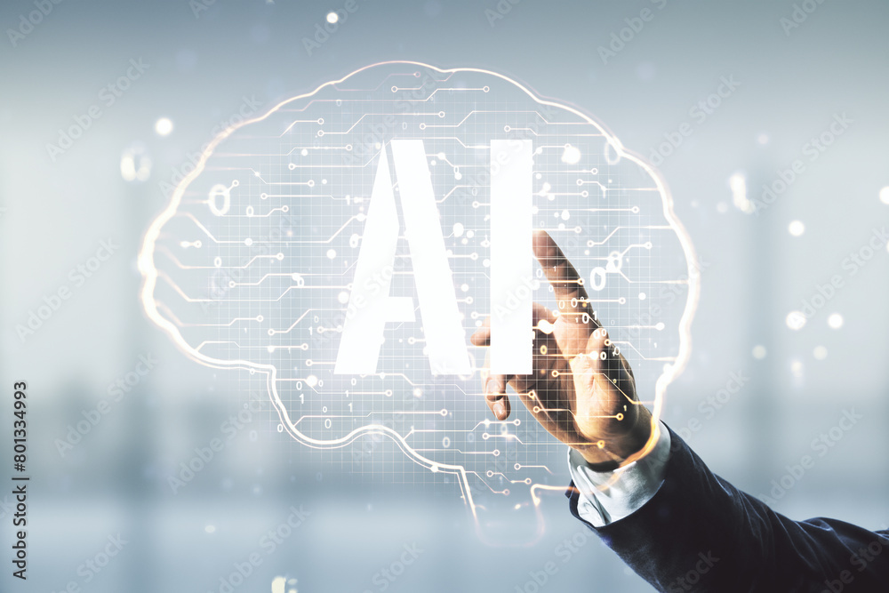 Aufkleber double exposure of man hand presses on creative artificial intelligence interface on blurred office 